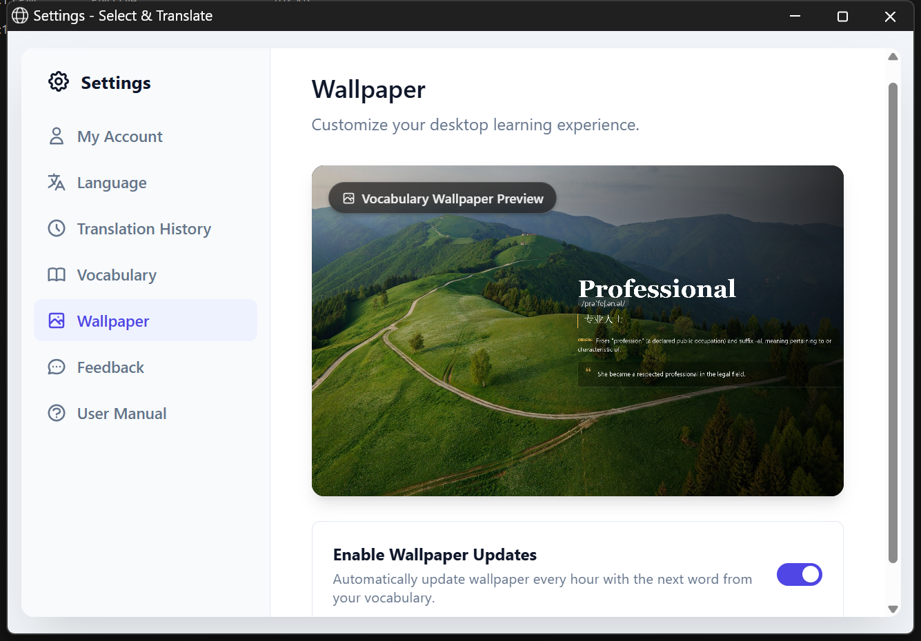 Vocabulary wallpaper settings with a beautiful mountain landscape showing the word Professional